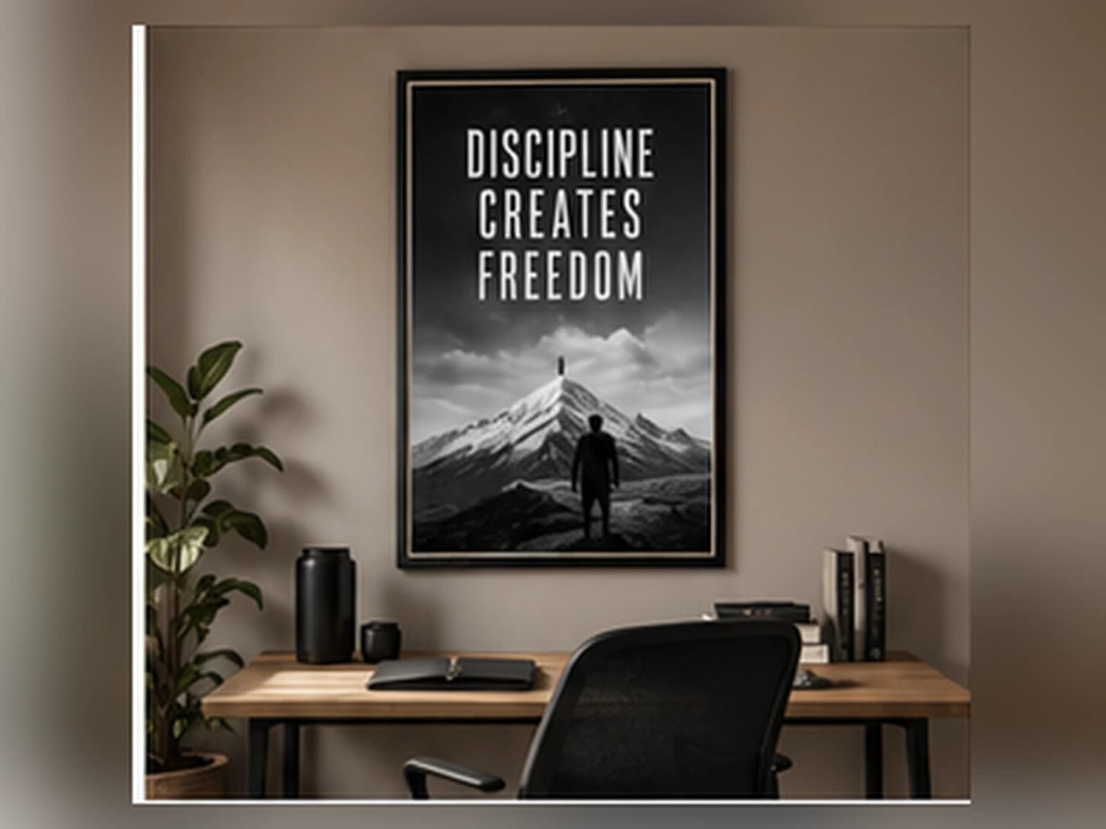 Modern workspace with framed wall art