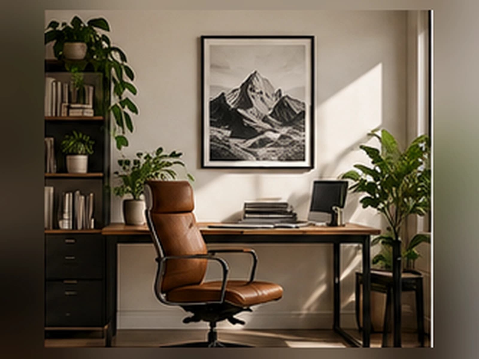 Framed artwork displayed in a contemporary home office and workspace